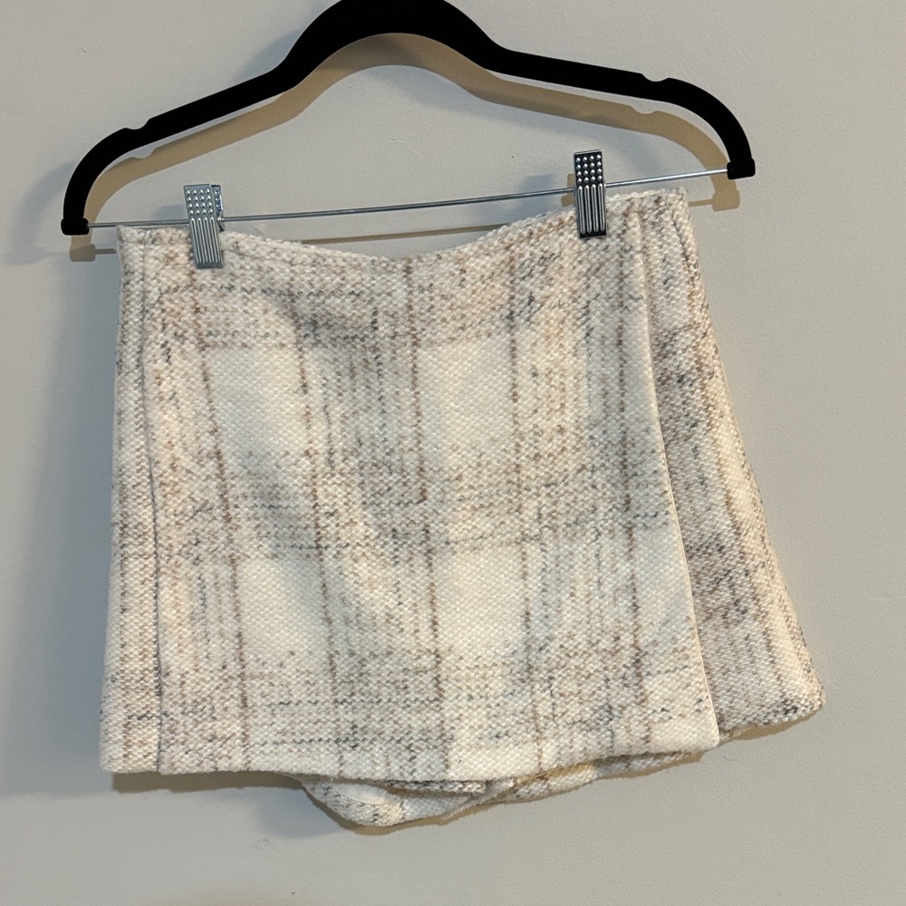 Altar'd State Cream Plaid Tweed Mini Skirt (Skort)